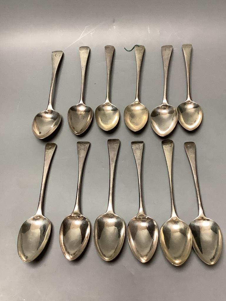 Twelve assorted George III silver Old English pattern tablespoons, including a set of five by Peter & Ann Bateman, London, 1796